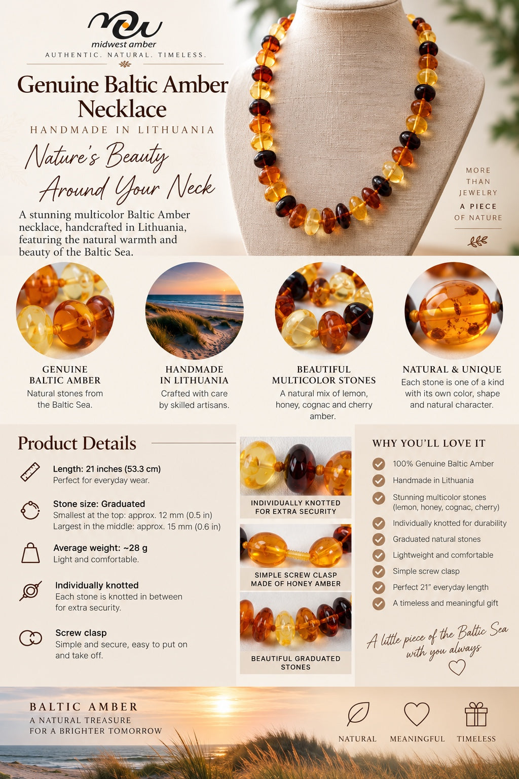 Genuine Baltic Amber Necklace Multicolor Lemon Honey Cognac Cherry, 21 Inch Graduated Amber Beads,