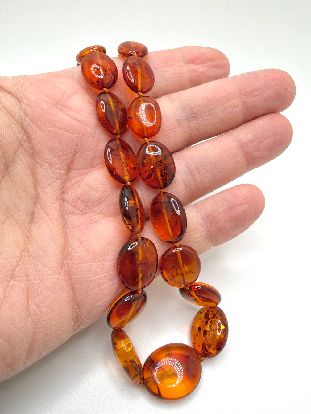 Genuine Baltic Amber Necklace • Cognac Oval Beads • Graduated Strand • Handmade • Sterling Silver Clasp