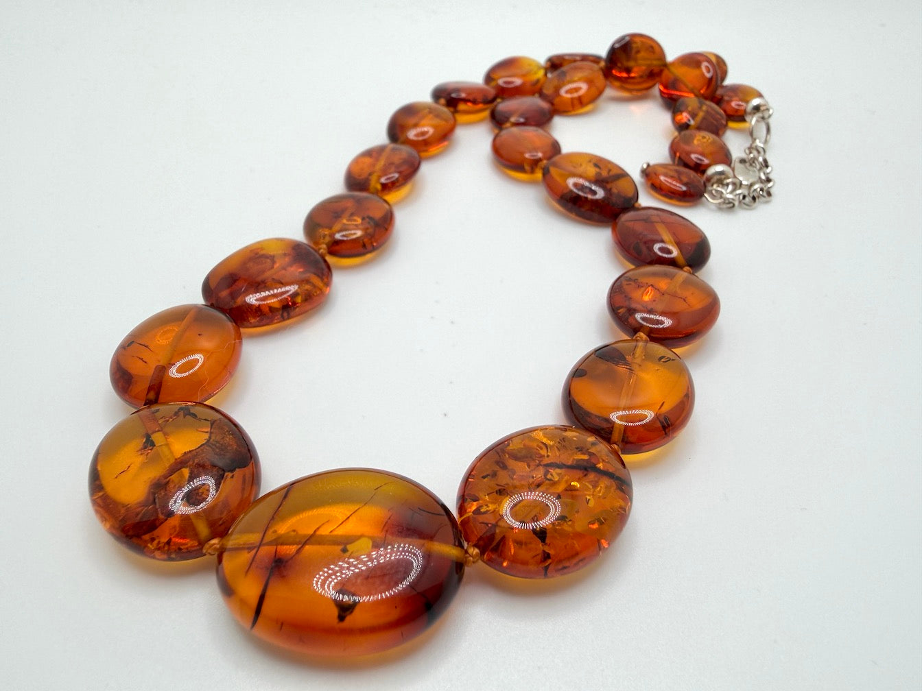 Genuine Baltic Amber Necklace • Cognac Oval Beads • Graduated Strand • Handmade • Sterling Silver Clasp