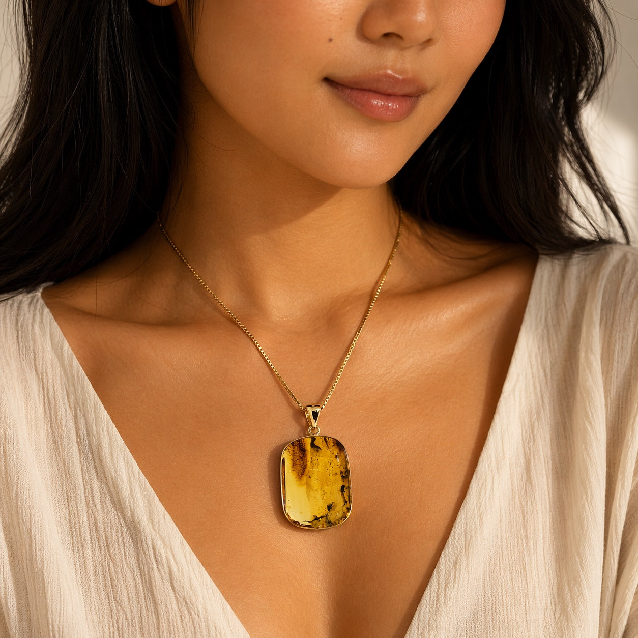Genuine Baltic Amber Necklace, Gold Plated Sterling Silver Pendant, Honey Lemon Amber with Inclusions, Natural Fossil Jewelry on Chain