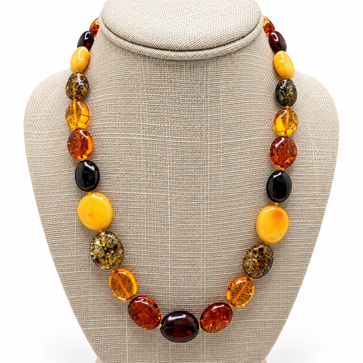 Genuine Baltic Amber Necklace, Multicolor Graduated Oval Beads