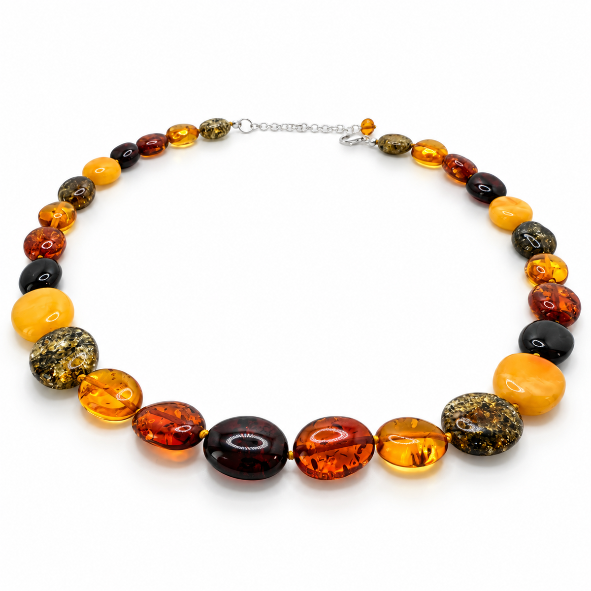 Genuine Baltic Amber Necklace, Multicolor Graduated Oval Beads