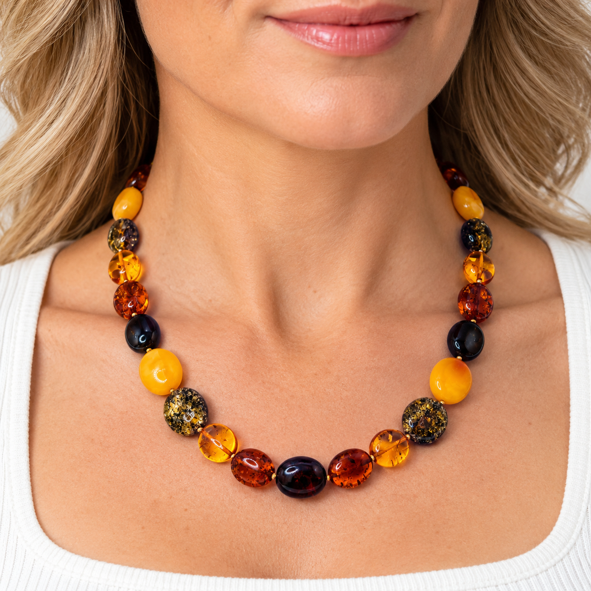 Genuine Baltic Amber Necklace, Multicolor Graduated Oval Beads