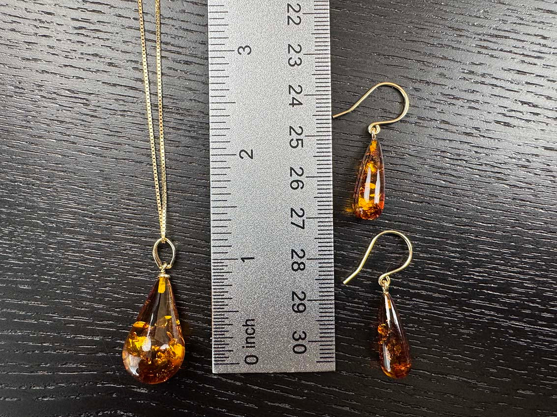 Genuine Baltic Amber Ombré Teardrop Pendant & Earring Set - 14K Gold