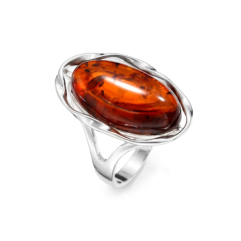 Genuine Baltic Amber Oval Cognac Ring in Sterling Silver