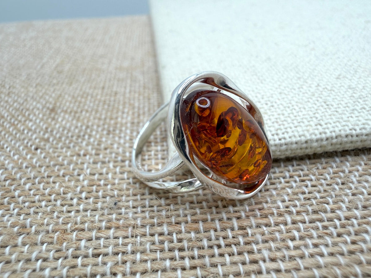 Genuine Baltic Amber Oval Cognac Ring in Sterling Silver