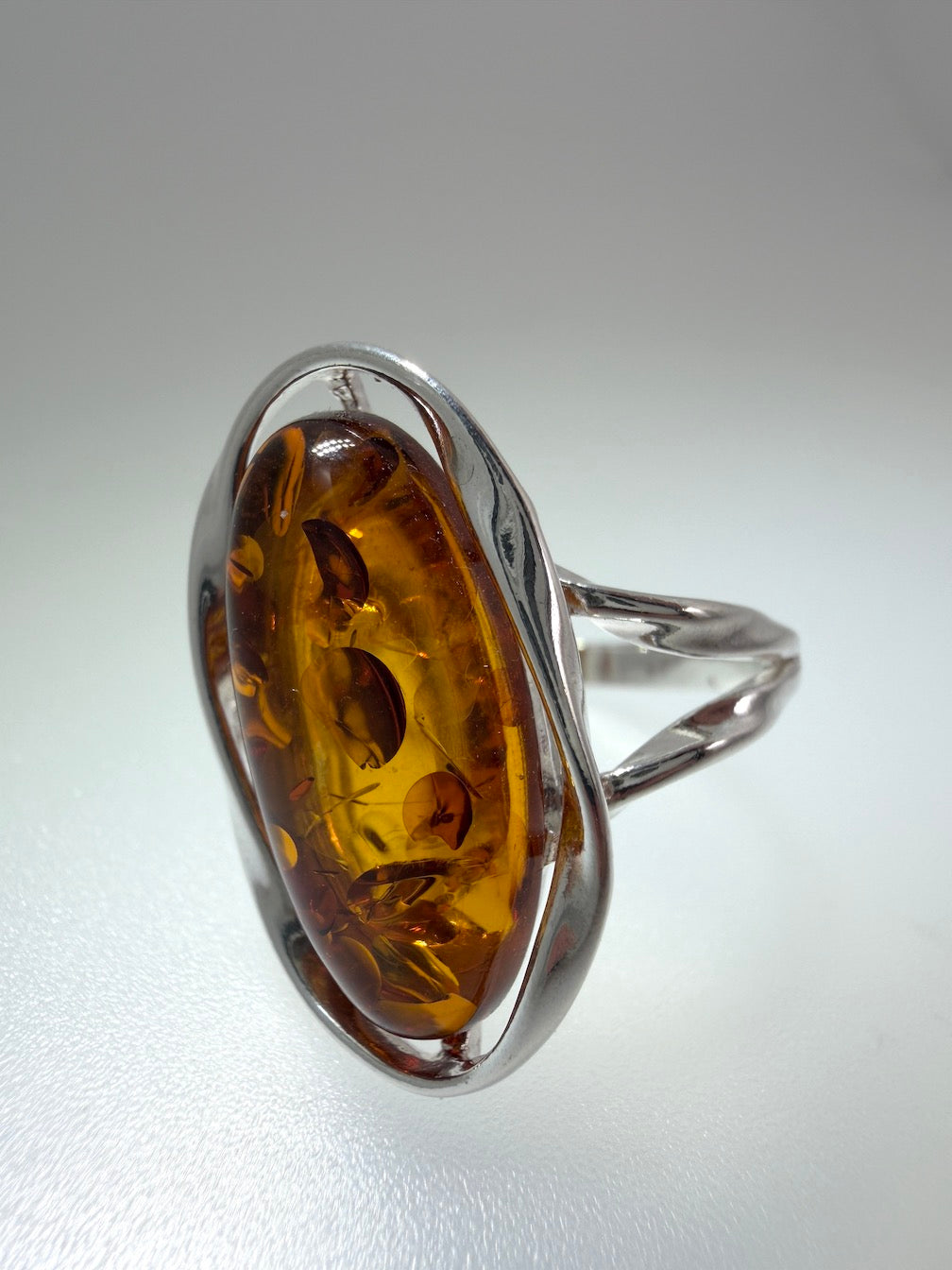 Genuine Baltic Amber Oval Cognac Ring in Sterling Silver