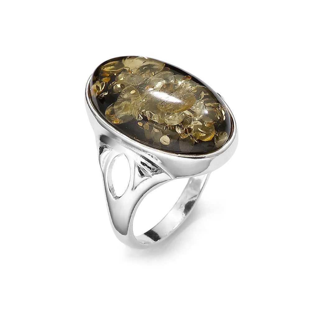 Genuine Baltic Amber Oval Green Ring Sterling Silver