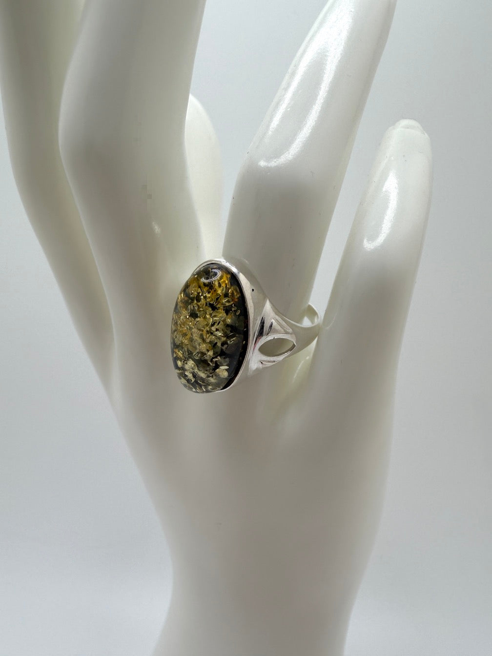 Genuine Baltic Amber Oval Green Ring Sterling Silver