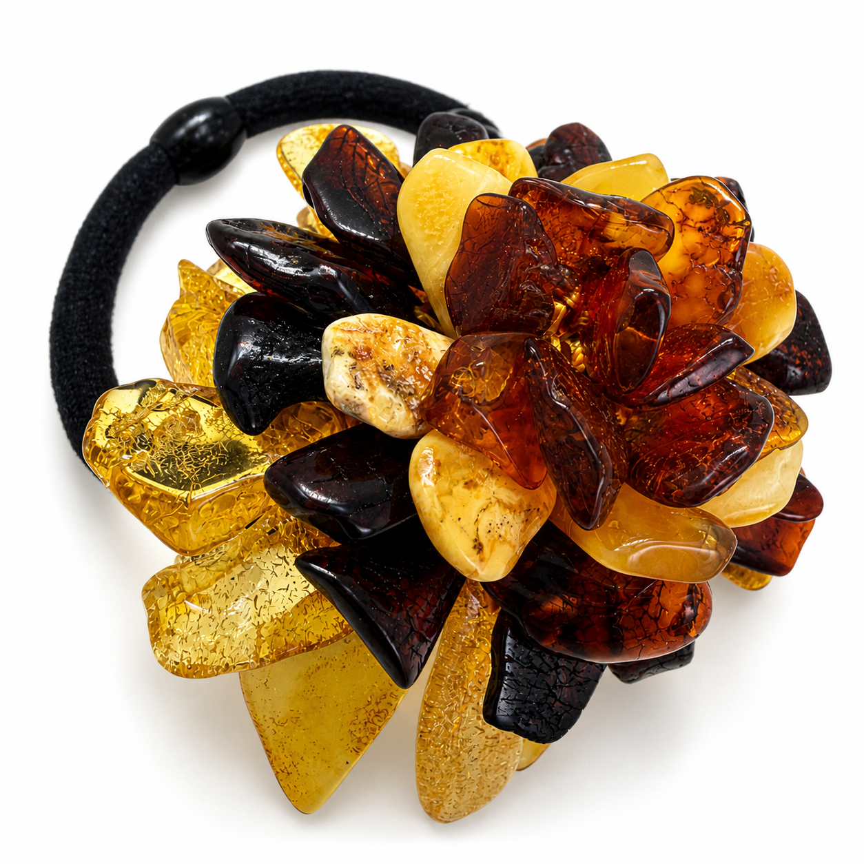Genuine Baltic Amber Oversized Flower Bracelet / Hair Tie – Multicolor Lemon, Butterscotch, Honey & Cherry | Hand Woven Statement Piece | Convertible Jewelry