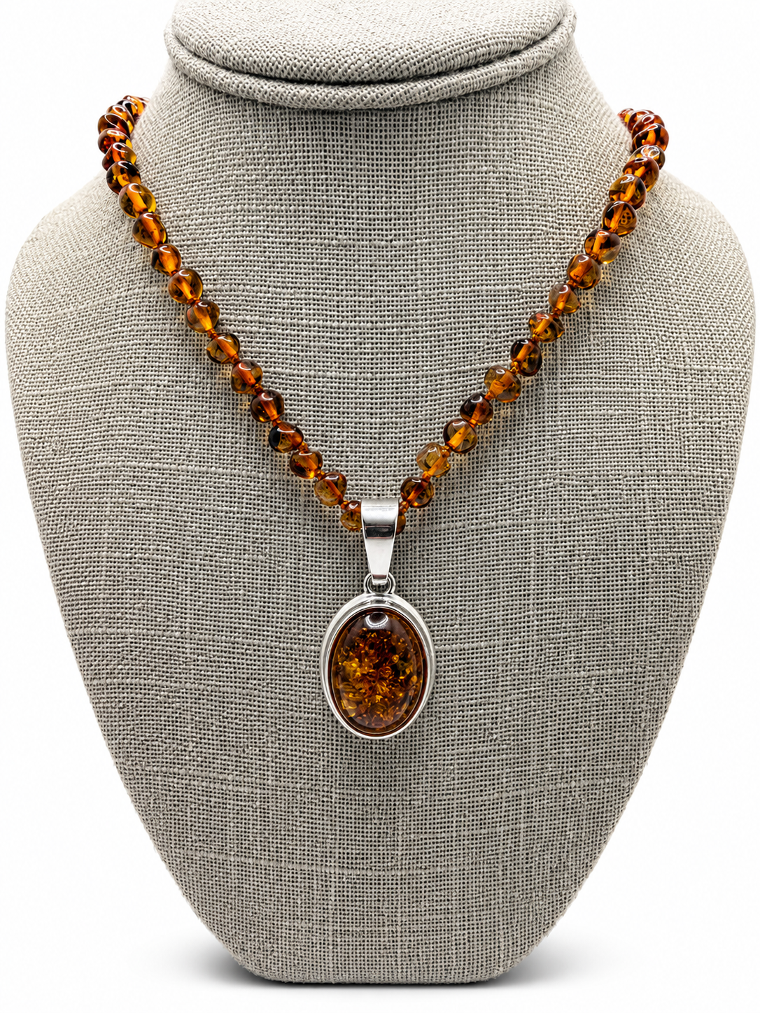 Genuine Baltic Amber Pendant Necklace – Sterling Silver Plated Brass 