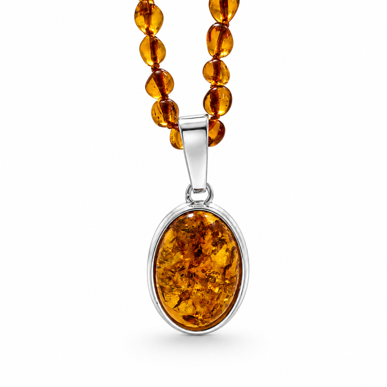 Genuine Baltic Amber Pendant Necklace – Sterling Silver Plated Brass 