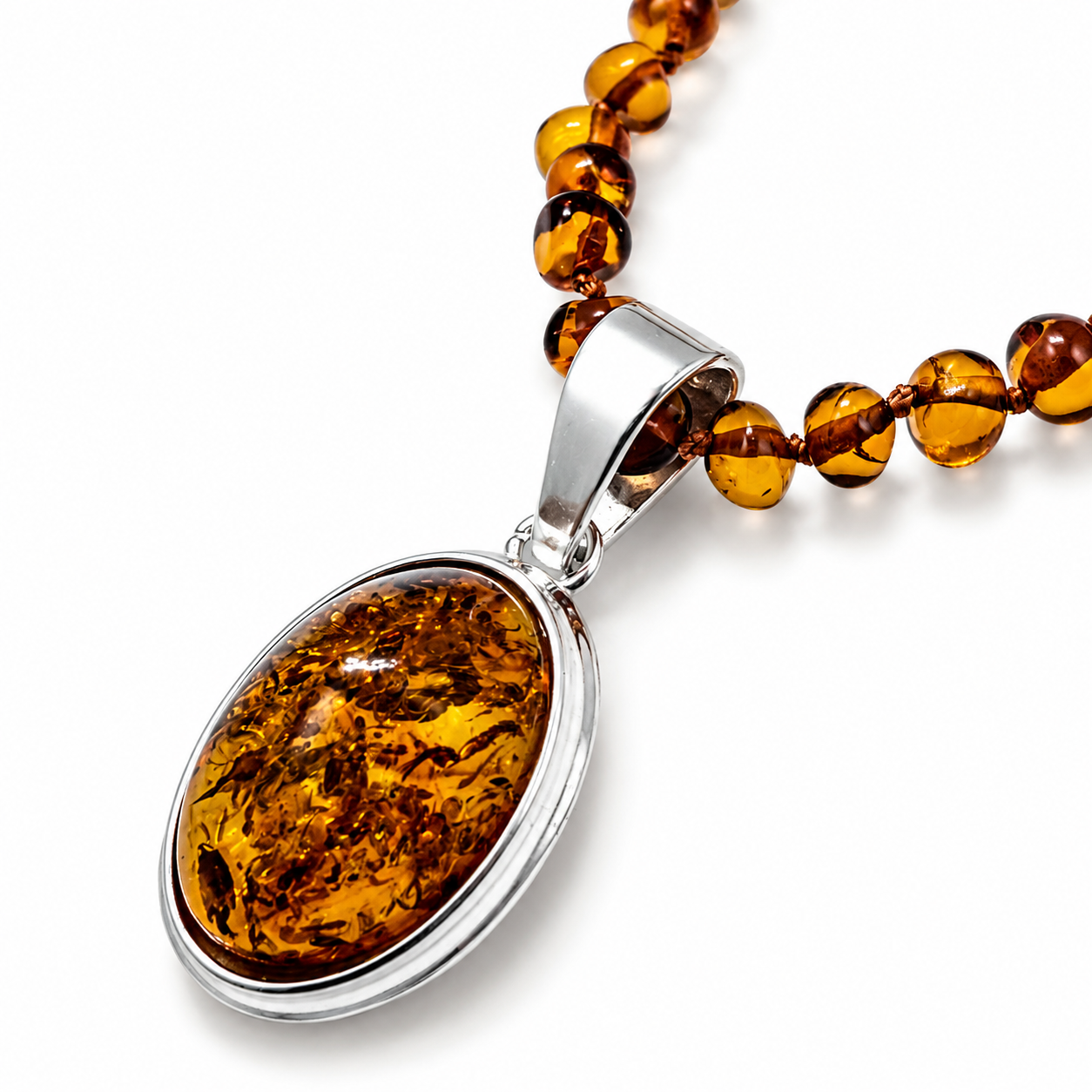 Genuine Baltic Amber Pendant Necklace – Sterling Silver Plated Brass 