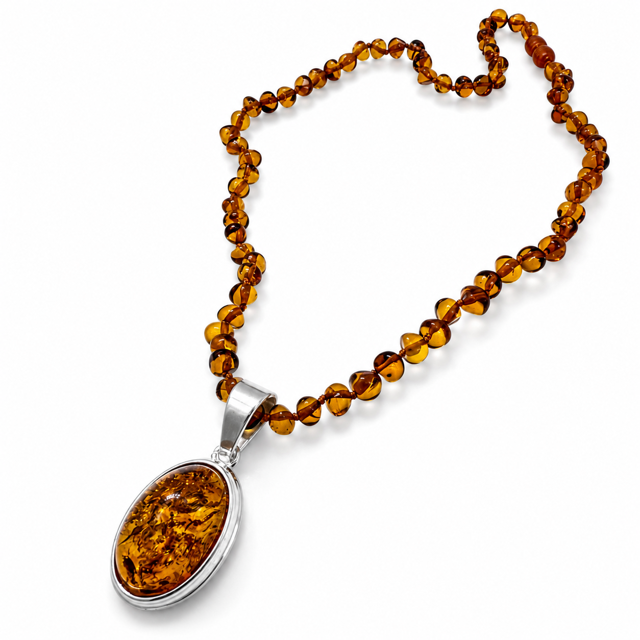 Genuine Baltic Amber Pendant Necklace – Sterling Silver Plated Brass 