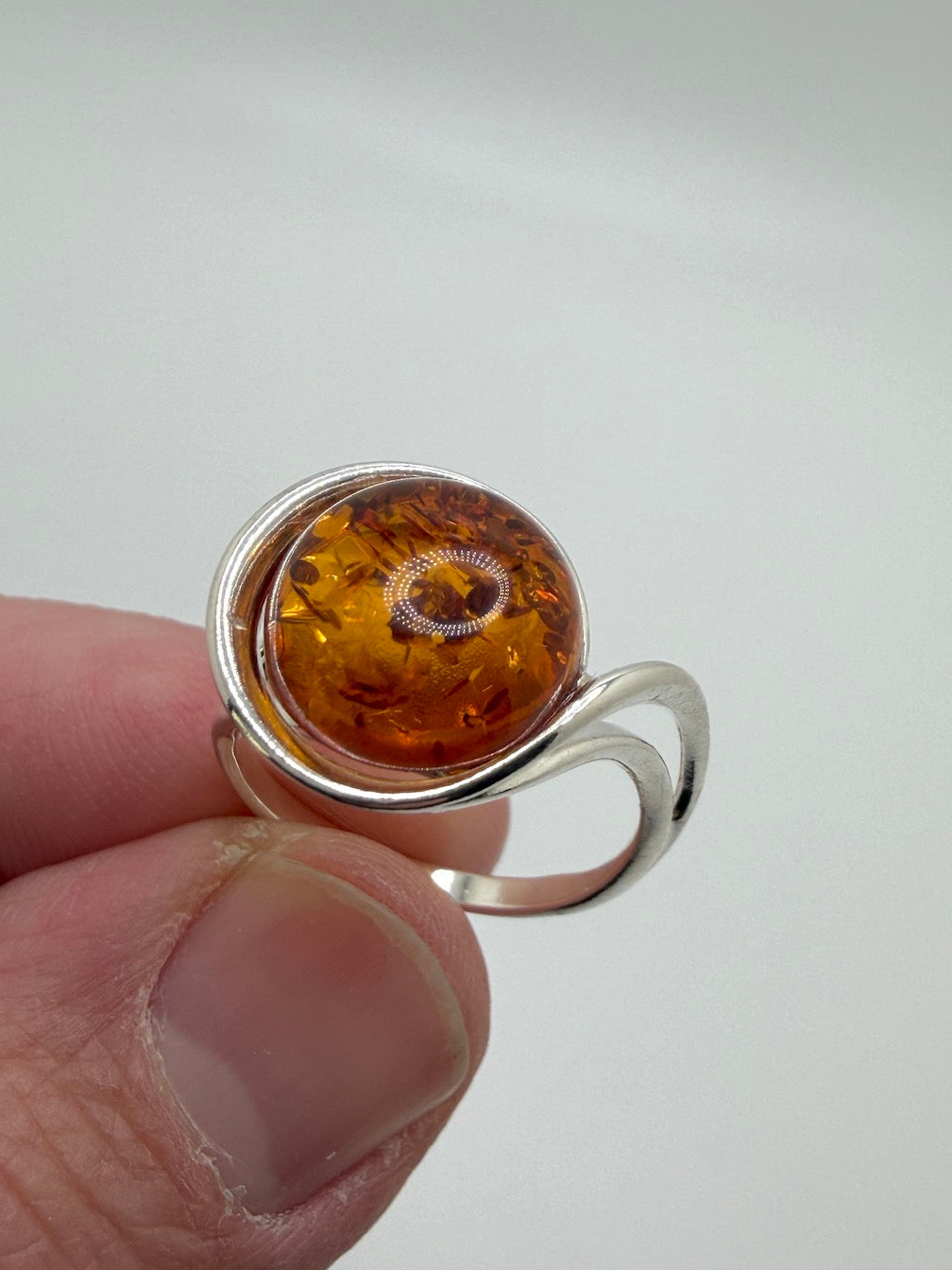 Genuine Baltic Amber Round Cognac Ring in Sterling Silver