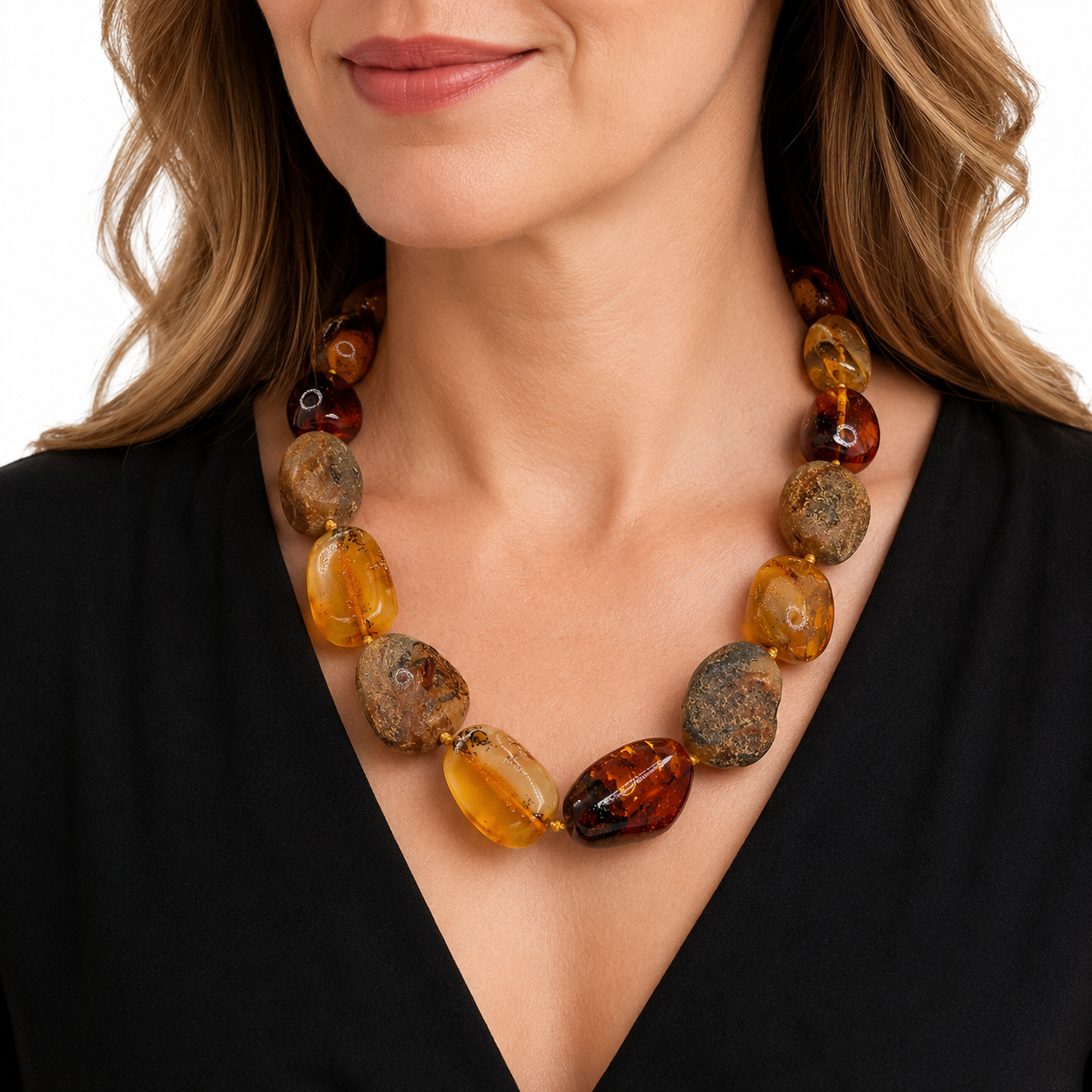 Genuine Baltic Amber Statement Necklace – Large Raw & Polished Amber Stones 