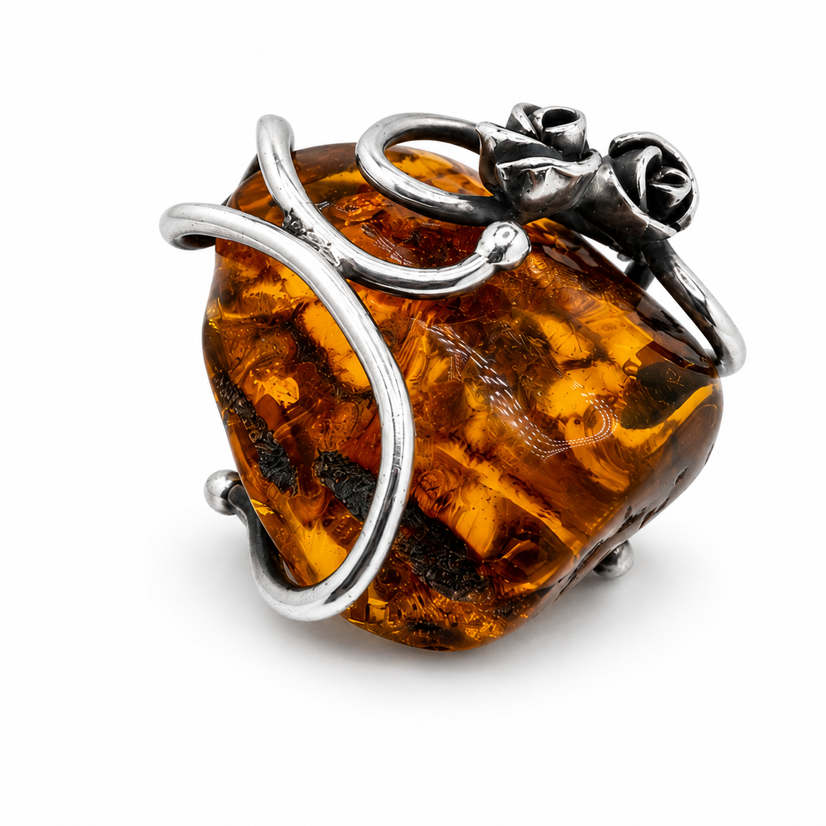 Genuine Baltic Amber Sterling Silver Floral Ring
