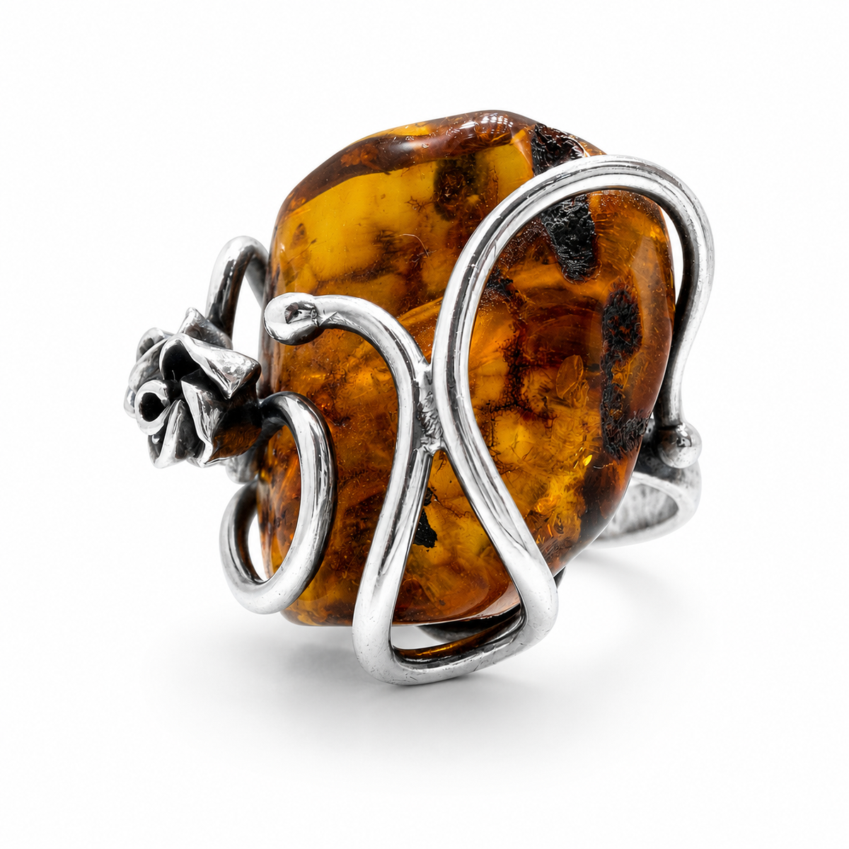 Genuine Baltic Amber Sterling Silver Floral Ring