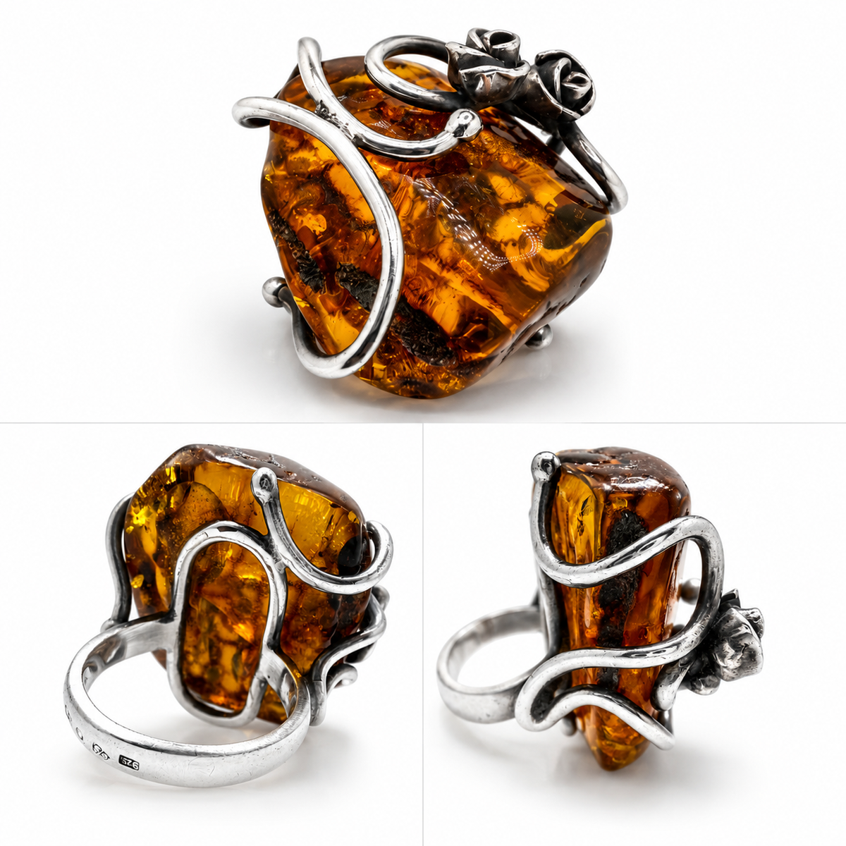 Genuine Baltic Amber Sterling Silver Floral Ring