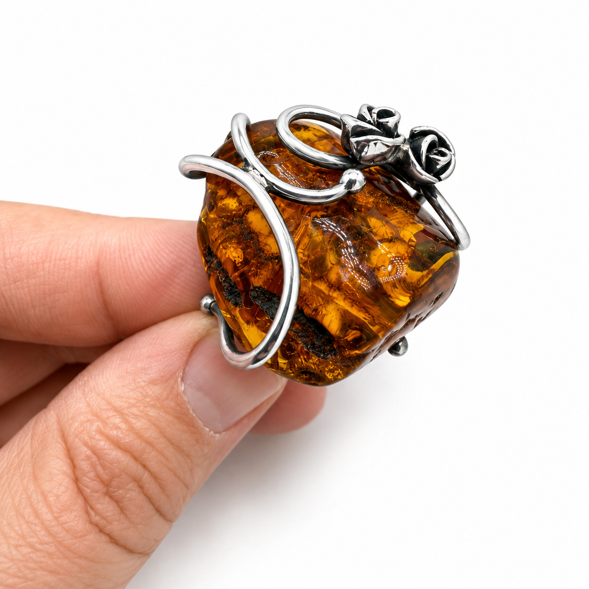 Genuine Baltic Amber Sterling Silver Floral Ring