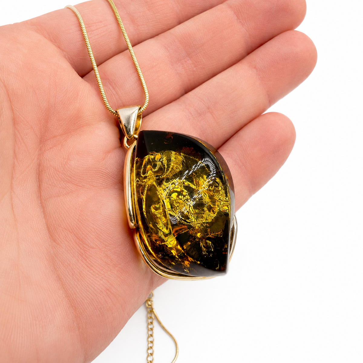 Genuine Green Baltic Amber Pendant – Gold Plated Sterling Silver 