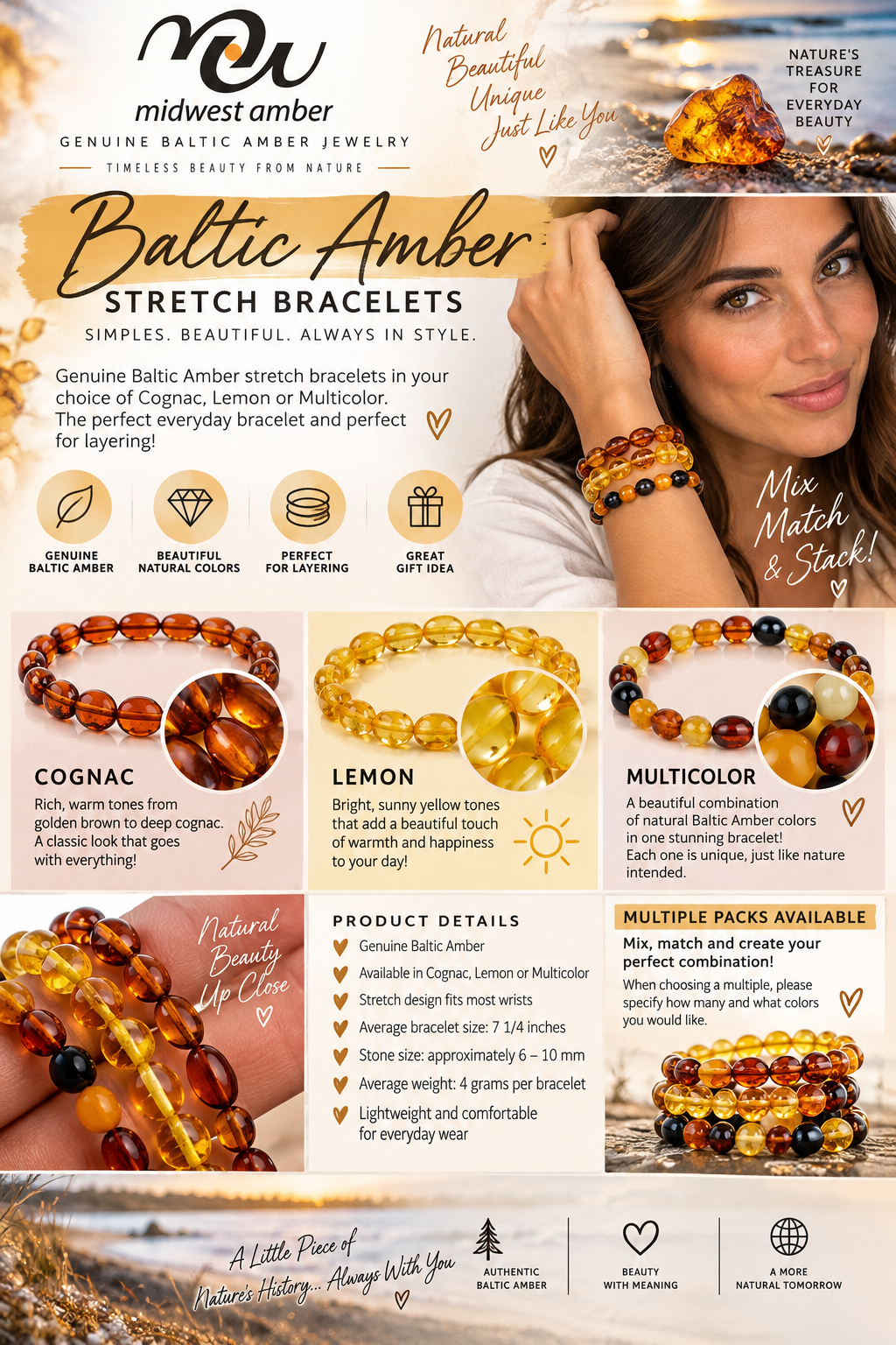Genuine Baltic Amber Stretch Bracelet, Cognac Lemon or Multicolor