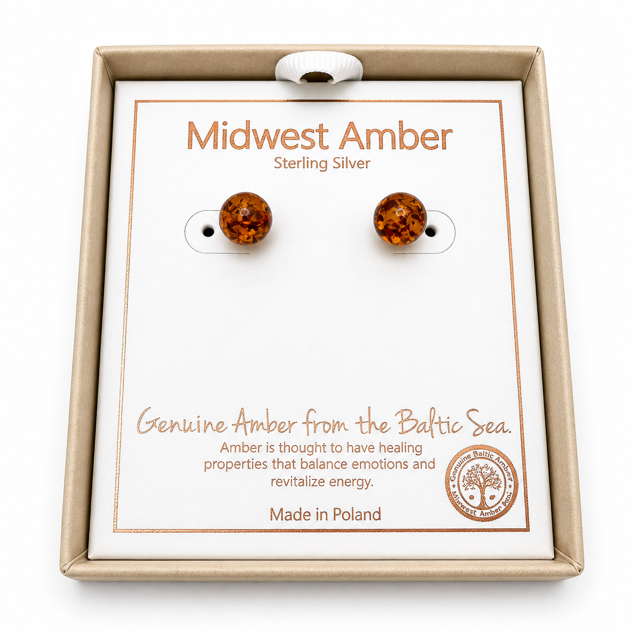 Genuine Baltic Amber Stud Earrings for Women, Honey Amber 8mm Round Ball