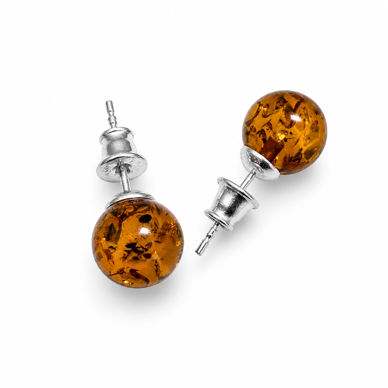 Genuine Baltic Amber Stud Earrings for Women, Honey Amber 8mm Round Ball