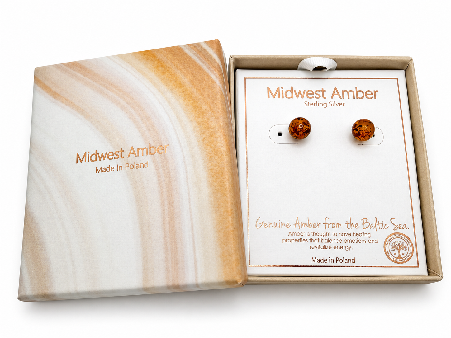 Genuine Baltic Amber Stud Earrings for Women, Honey Amber 8mm Round Ball