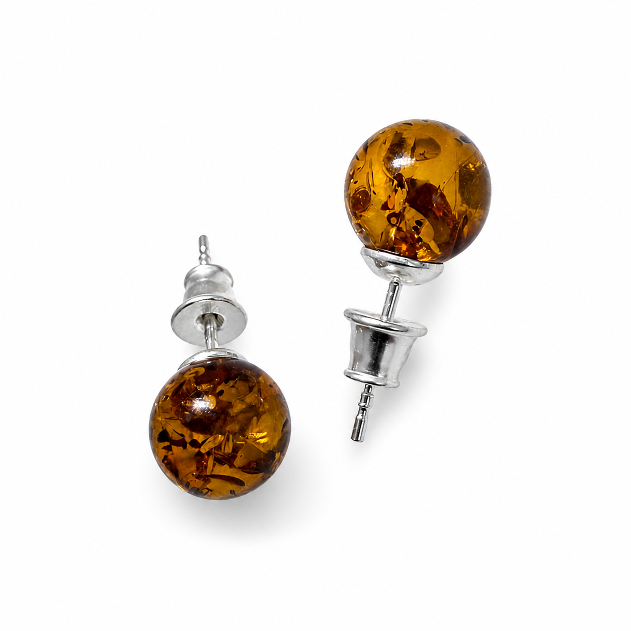 Genuine Baltic Amber Stud Earrings for Women, Honey Amber 8mm Round Ball