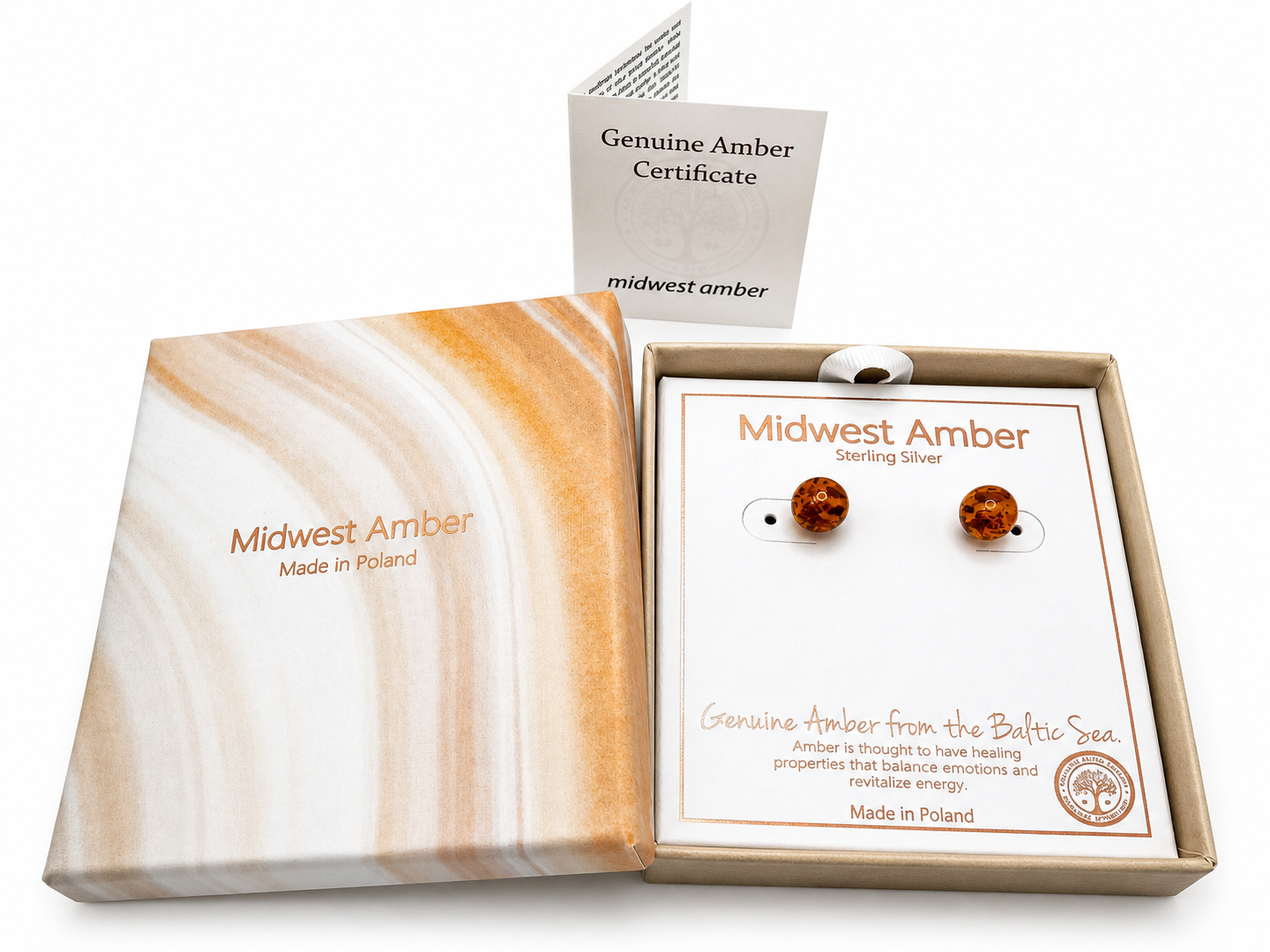 Genuine Baltic Amber Stud Earrings for Women, Honey Amber 8mm Round Ball