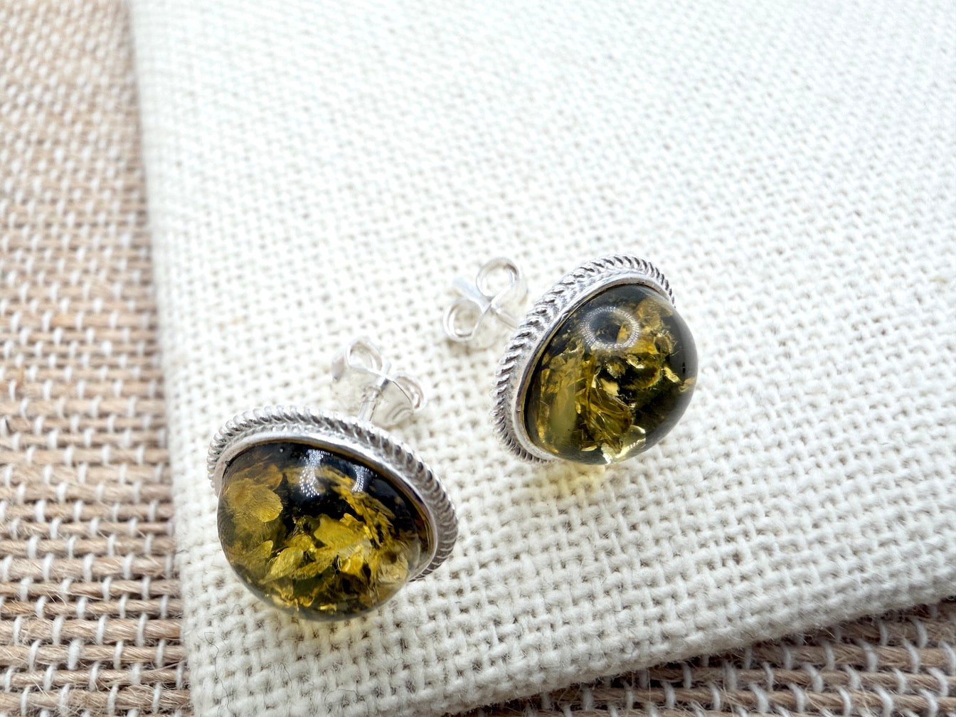 Genuine Baltic Amber Stud Earrings | Sterling Silver | Honey or Green | Handmade in Poland | Everyday Comfort & Style