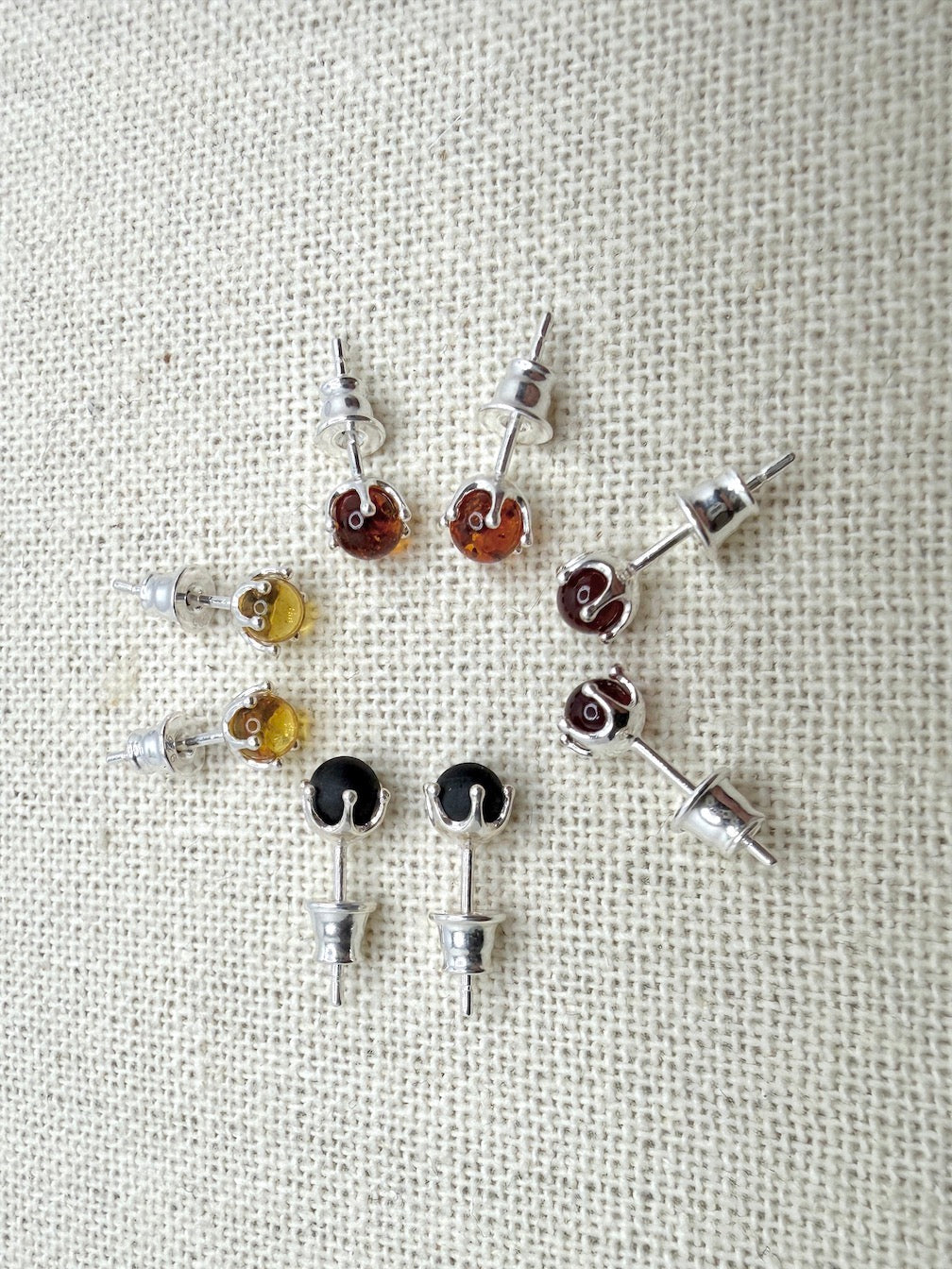Genuine Baltic Amber Stud Post Earrings | 6mm Round | Honey • Lemon • Cherry • Black | Sterling Silver Posts | Everyday Classic