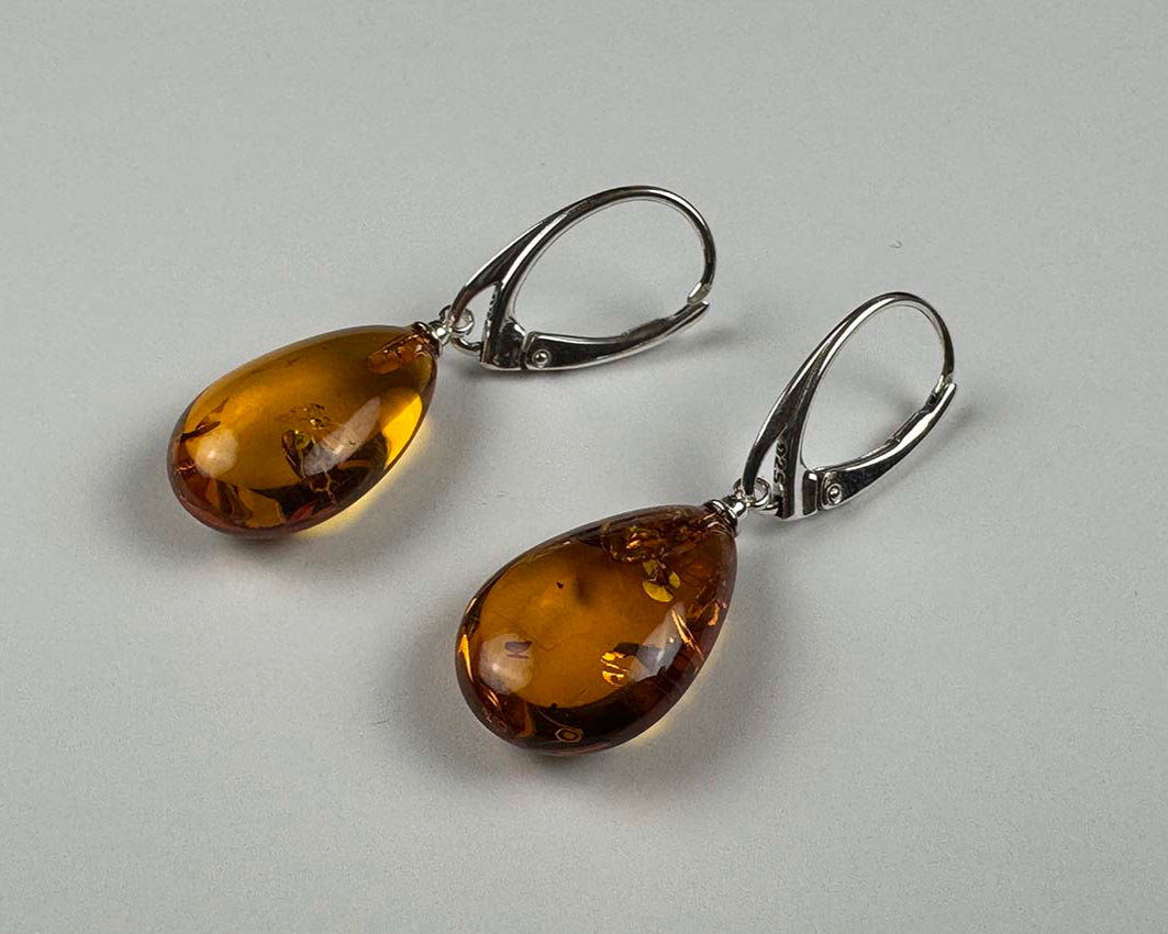 Genuine Baltic Amber Teardrop Drop Earrings - Cognac Color-Sterling Silver Lever Backs