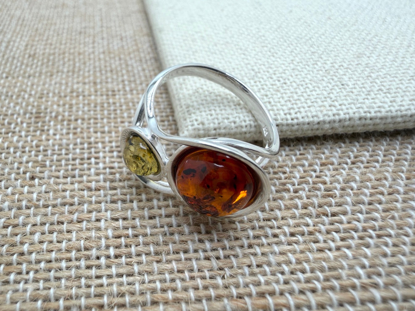Genuine Baltic Amber Two Stone Ring Sterling Silver Cognac and Green Amber Ring