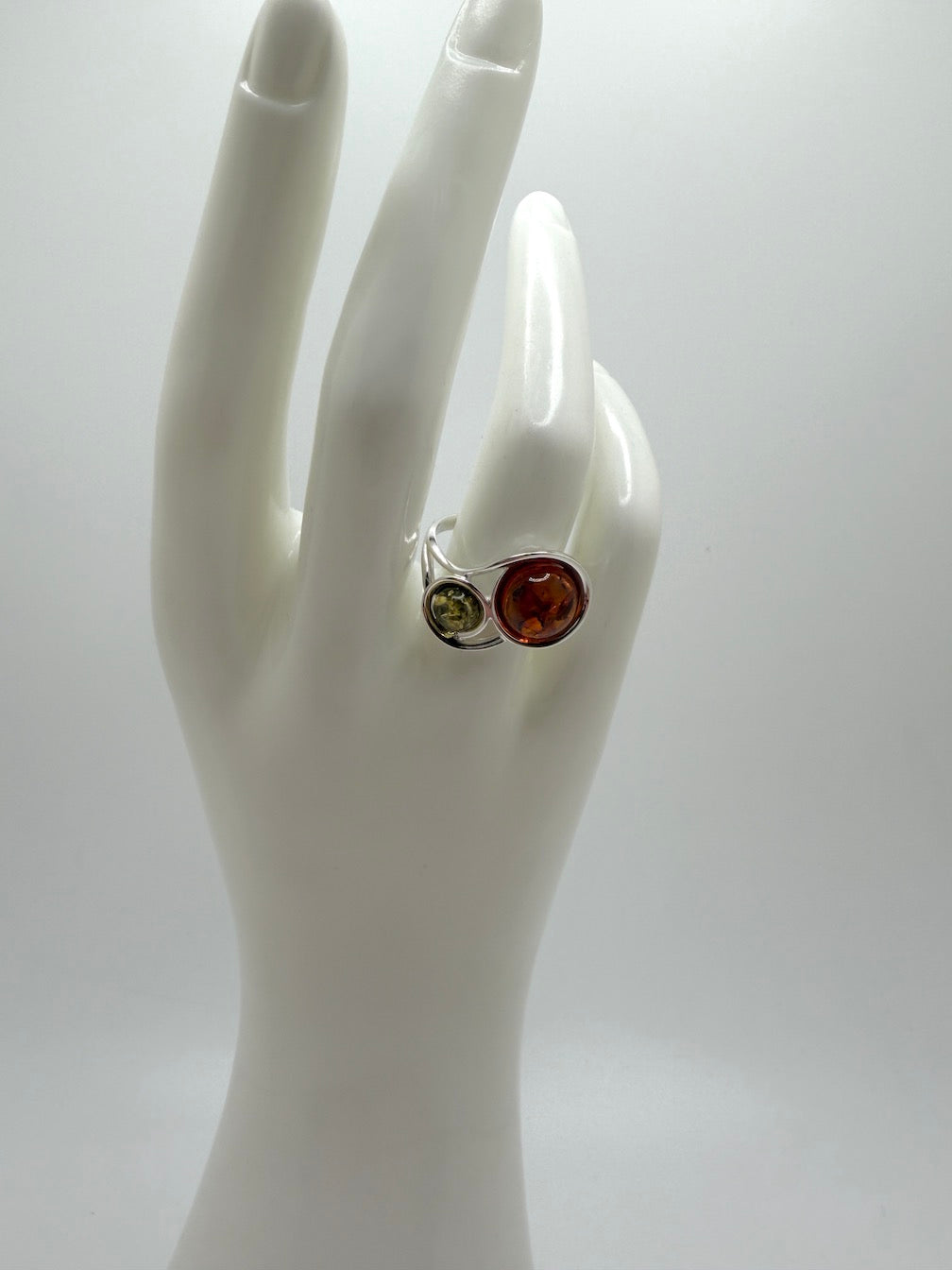 Genuine Baltic Amber Two Stone Ring Sterling Silver Cognac and Green Amber Ring