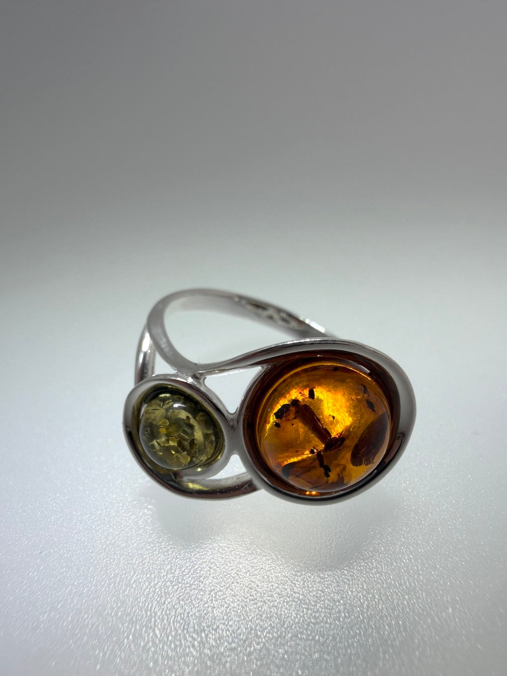 Genuine Baltic Amber Two Stone Ring Sterling Silver Cognac and Green Amber Ring