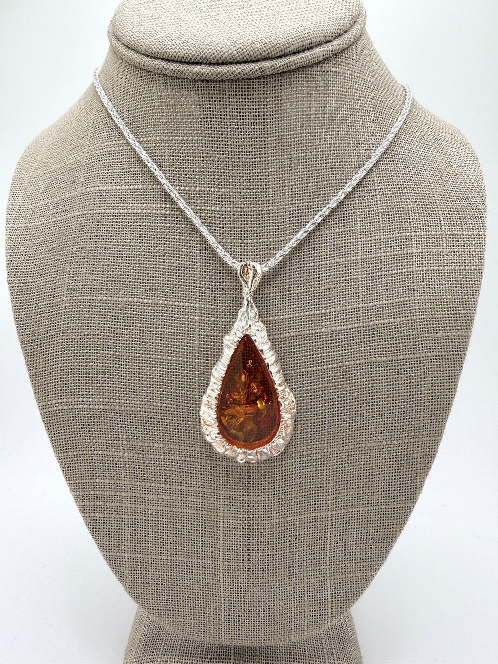 Genuine Baltic Amber & Hammered Sterling Silver Modern Pendant on Wheat Chain