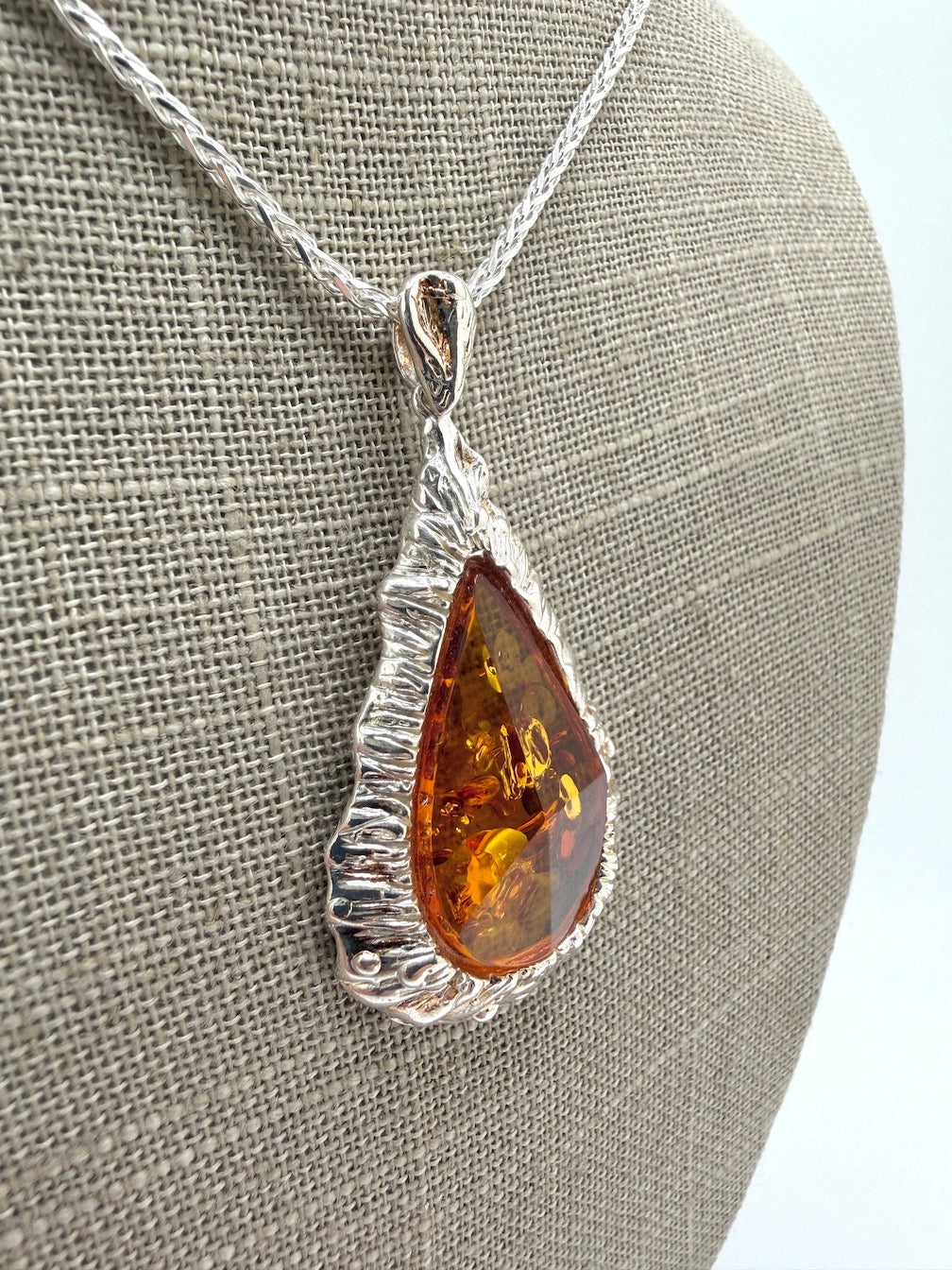 Genuine Baltic Amber & Hammered Sterling Silver Modern Pendant on Wheat Chain