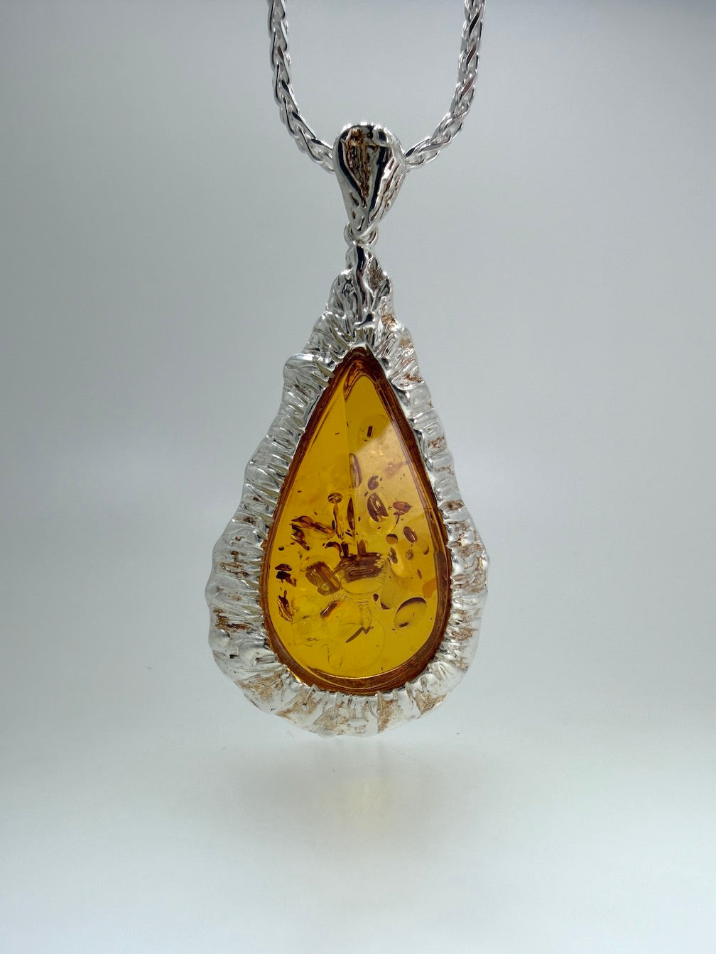 Genuine Baltic Amber & Hammered Sterling Silver Modern Pendant on Wheat Chain
