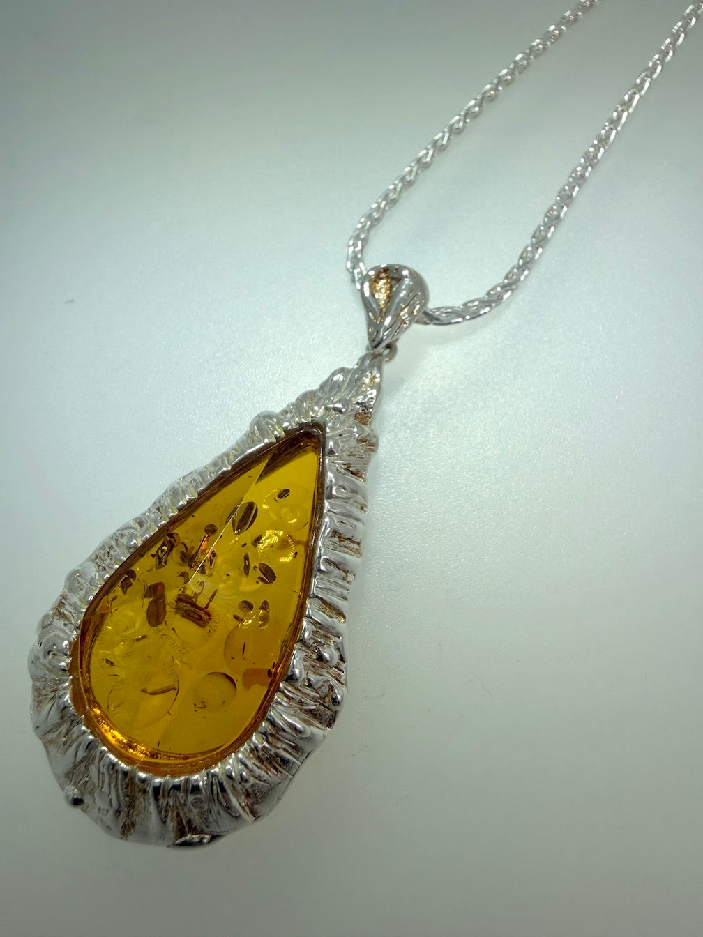 Genuine Baltic Amber & Hammered Sterling Silver Modern Pendant on Wheat Chain