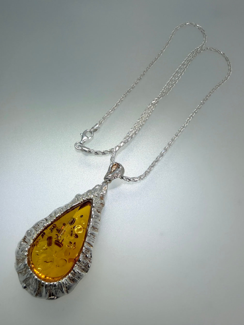 Genuine Baltic Amber & Hammered Sterling Silver Modern Pendant on Wheat Chain