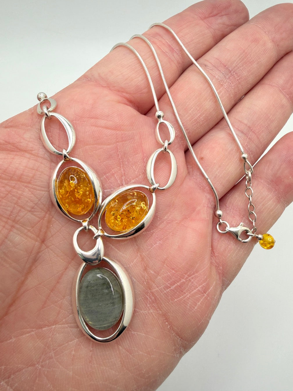 Sterling Silver, Genuine Baltic Amber & Labradorite Lariat Necklace