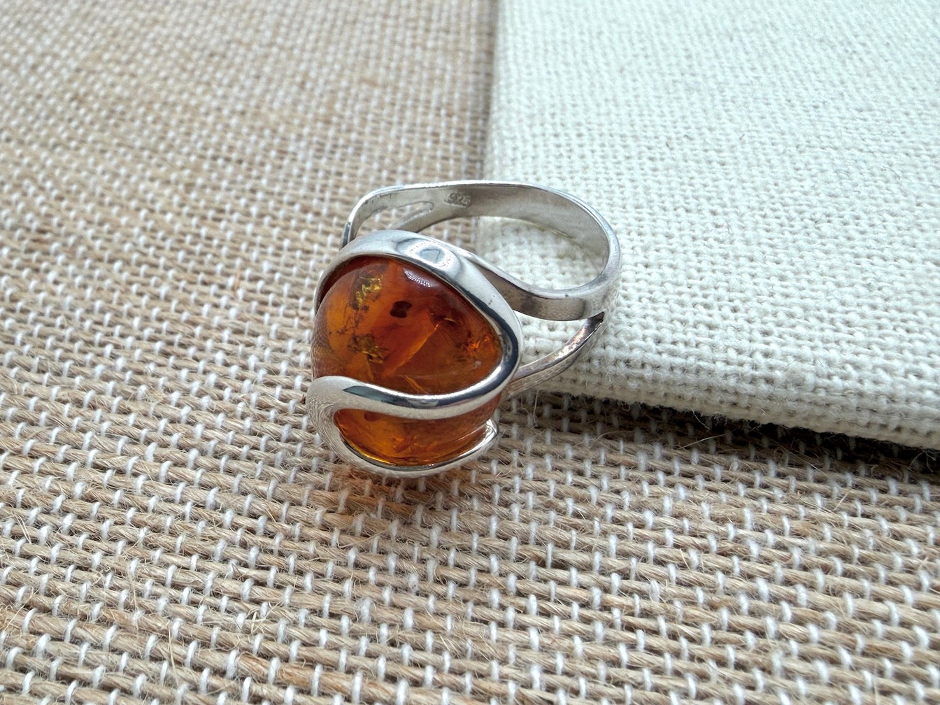 Genuine Baltic Amber & Sterling Silver Adjustable Wrap Ring