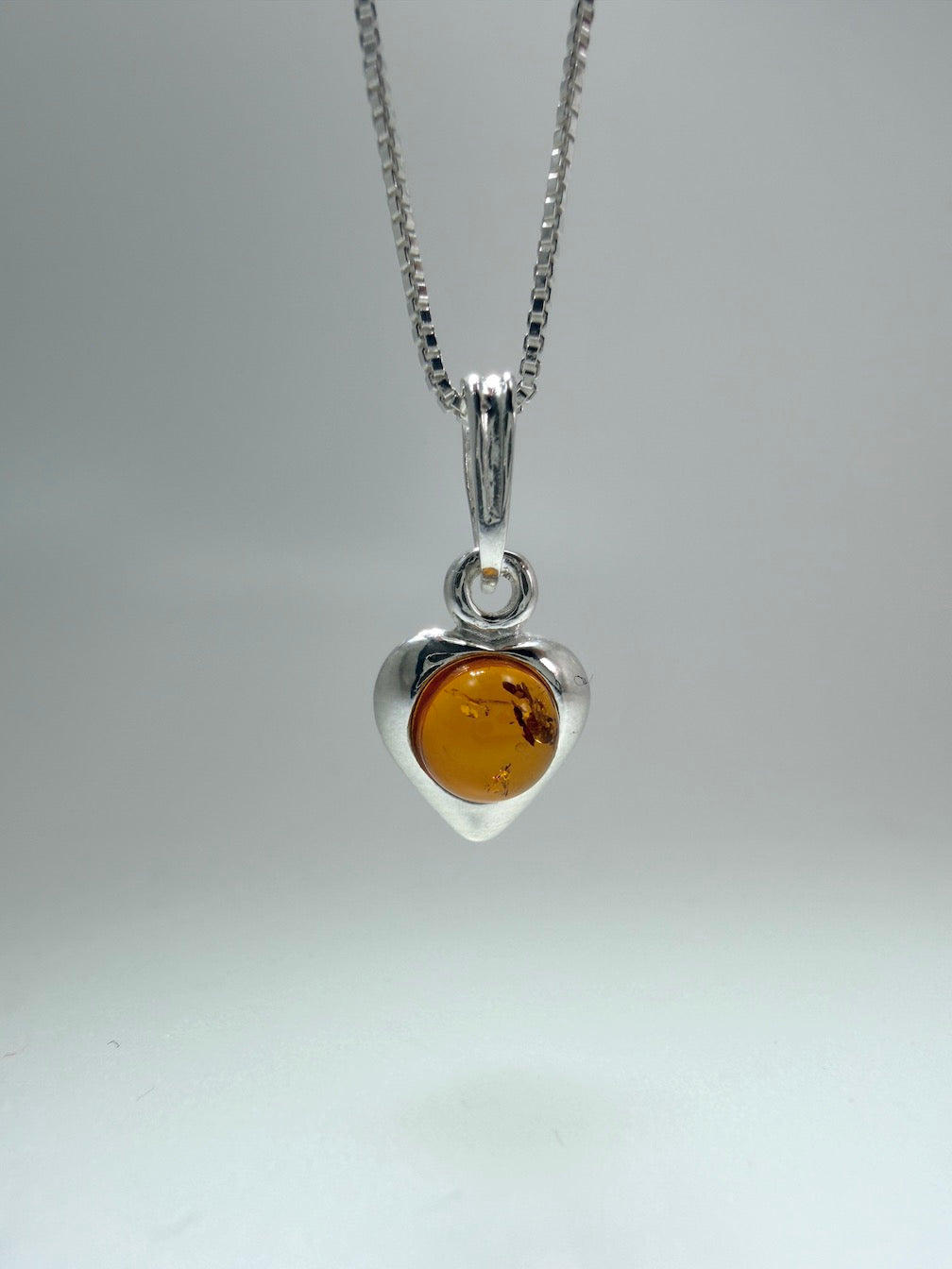 Genuine Baltic Amber & Sterling Silver Earrings and Necklace Set – Simple Heart Design – Cognac or Green Amber