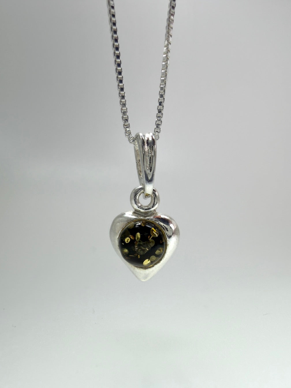 Genuine Baltic Amber & Sterling Silver Earrings and Necklace Set – Simple Heart Design – Cognac or Green Amber