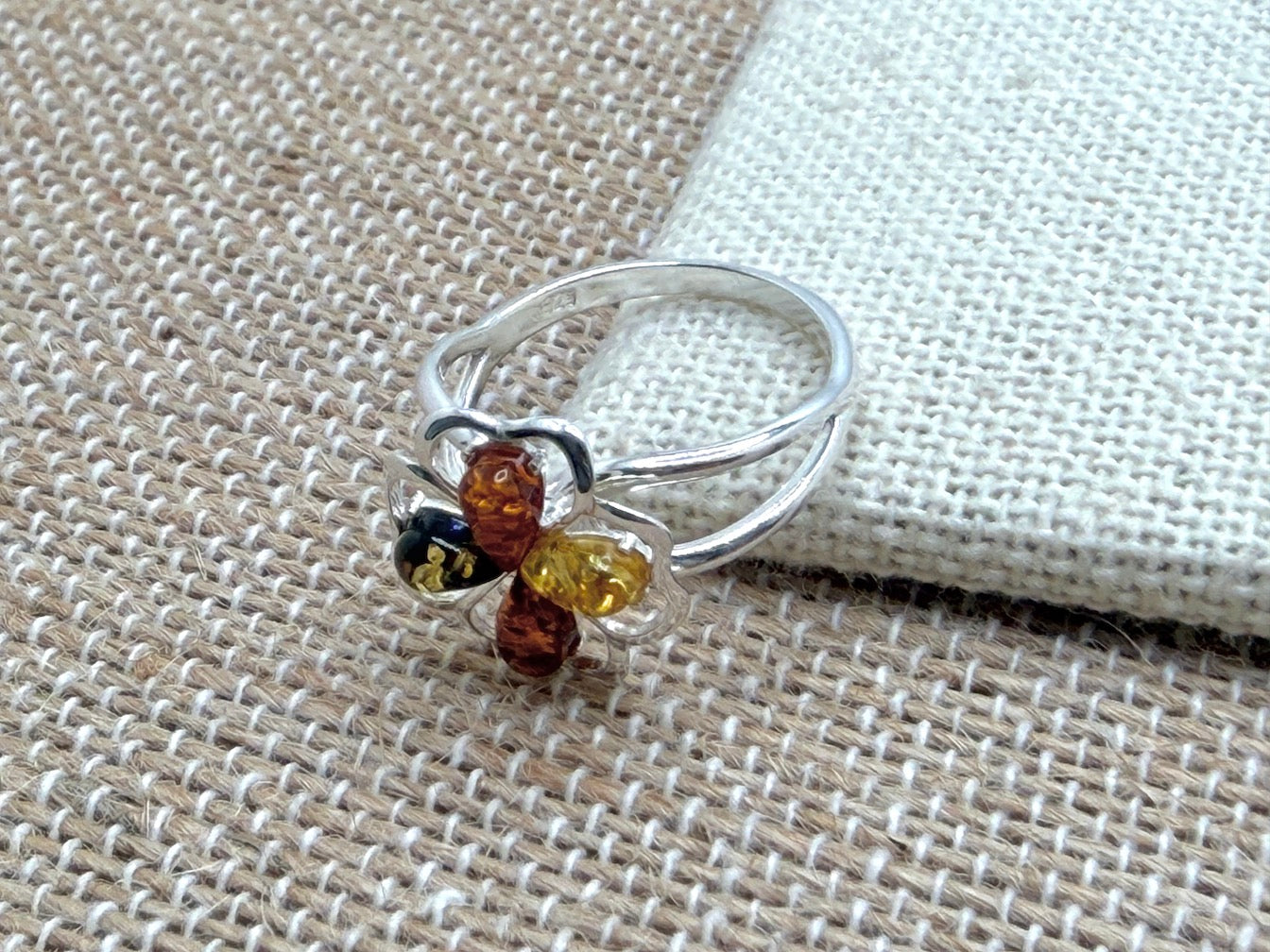 Genuine Baltic Amber & Sterling Silver Flower Floral Heart Ring