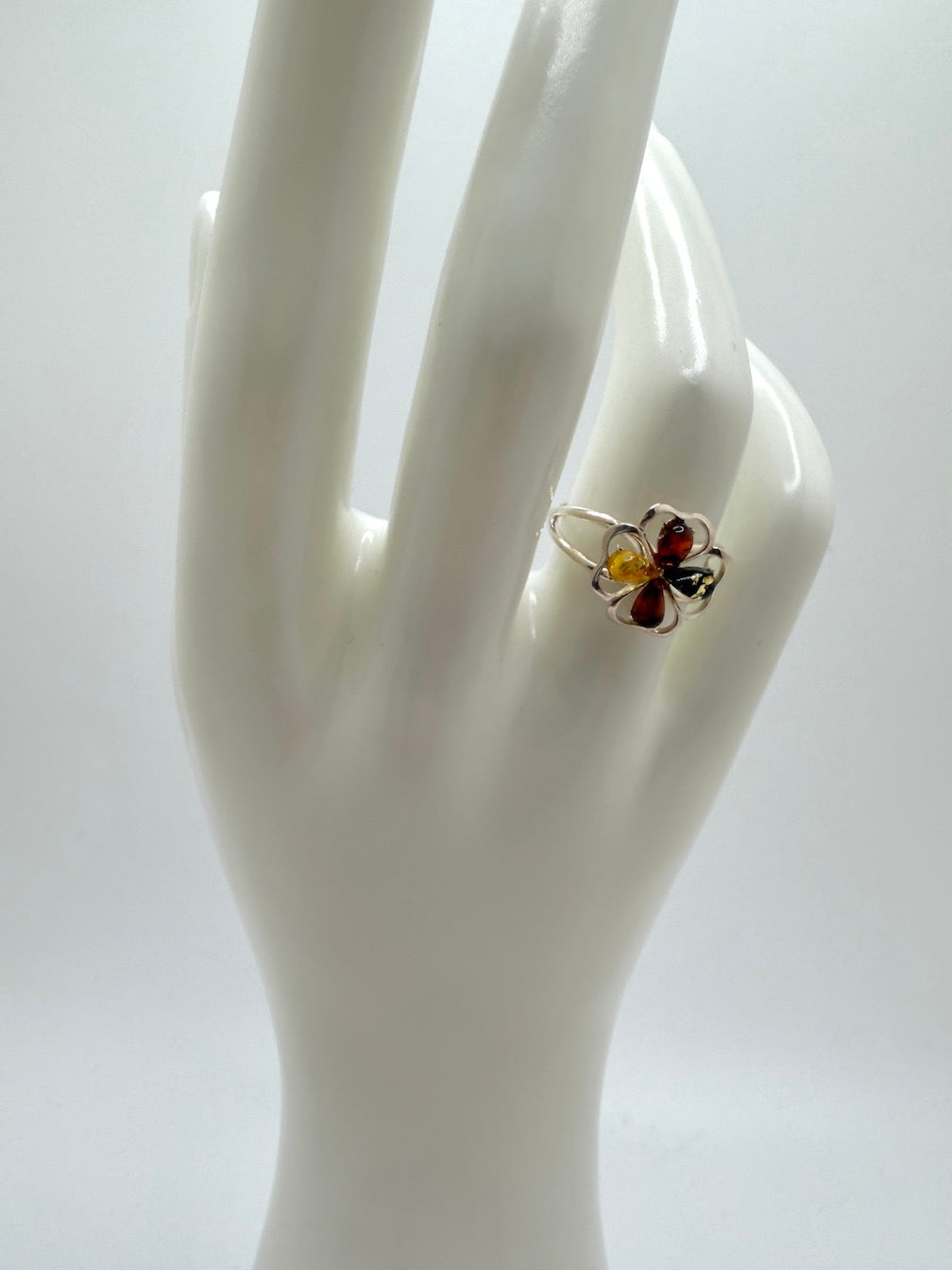 Genuine Baltic Amber & Sterling Silver Flower Floral Heart Ring