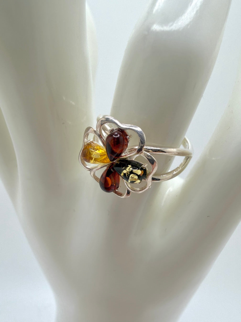 Genuine Baltic Amber & Sterling Silver Flower Floral Heart Ring