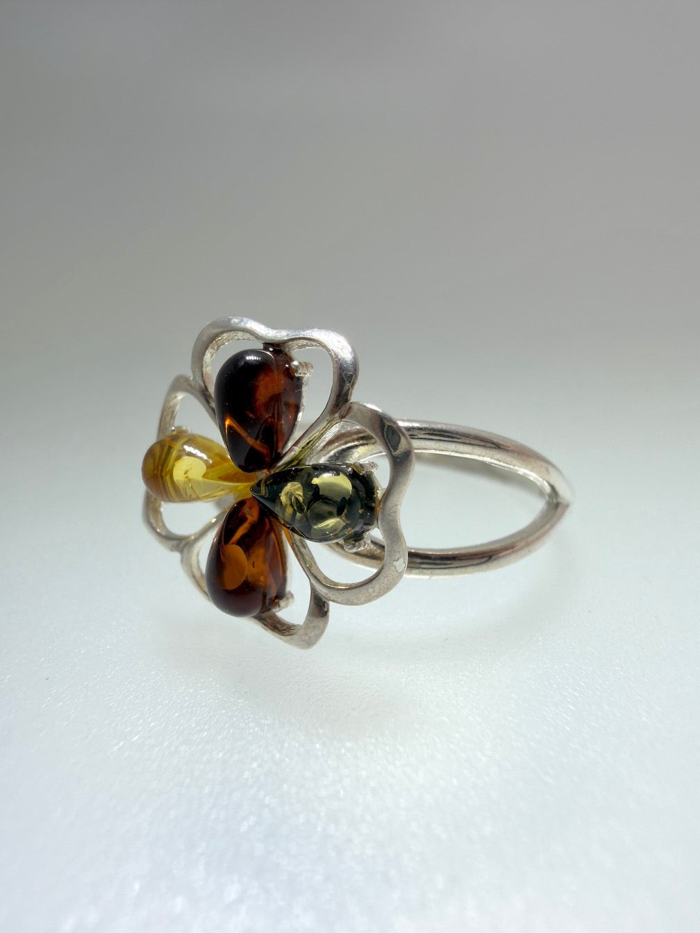 Genuine Baltic Amber & Sterling Silver Flower Floral Heart Ring
